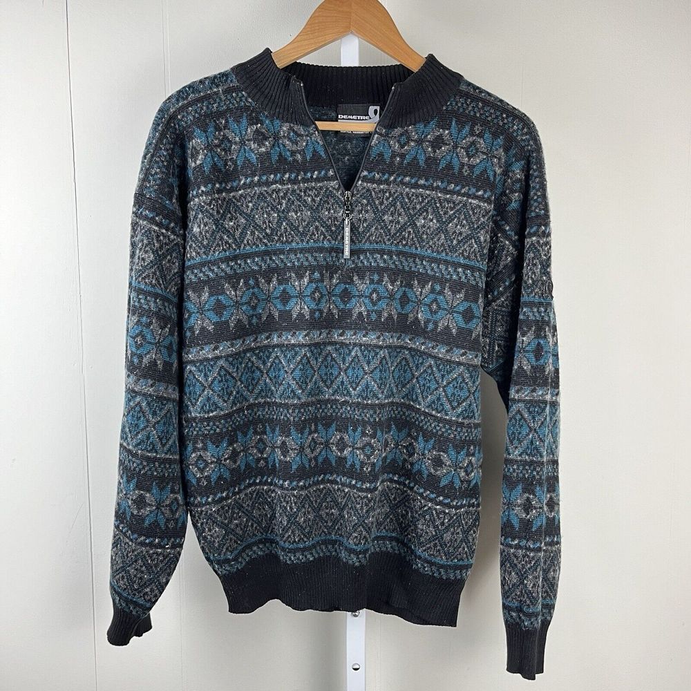 Demetre Ski Sweater Mens M 1/4 Zip Pullover Wool Blend Snowflakes Vintage